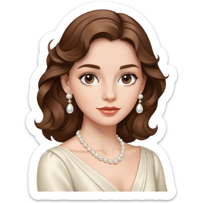 Elegant British girl with wavy hair and pearl earrings, refined features sticker