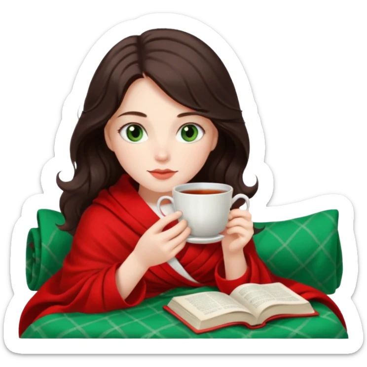 Long wavy dark brown haired, white skinned, dark green eyed girl wrapped in a red and white blanket, sipping tea and reading a book sticker