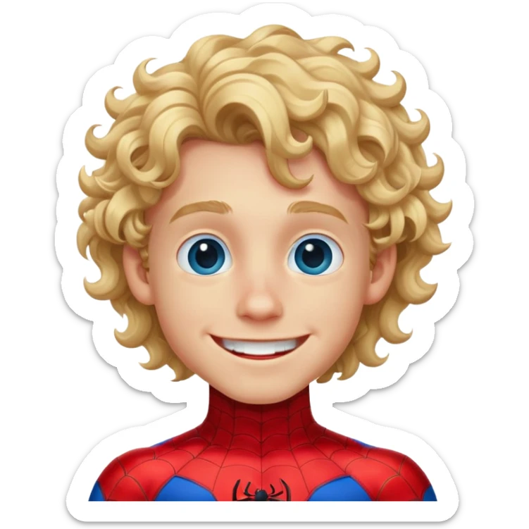 a blonde boy with curly long hair, blue eyes, big smile, spiderman costume sticker