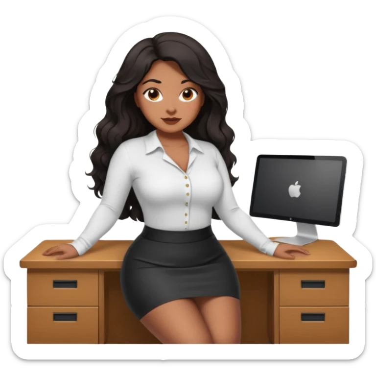 Curvy woman with brown skin with long wavy black hair, brown eyes. She's wearing a tight white shirt and tight black mini skirt, she's sat in the edge of a desk sticker