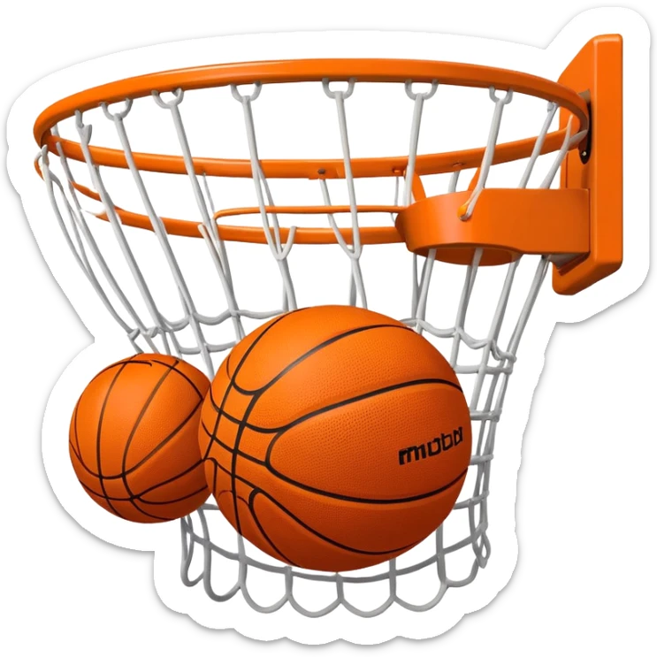 A close-up of a basketball shield and hoop with the ball swishing through the net, captured mid-air. The background emphasizes the tension and excitement of the moment, with the rim and net in sharp focus, showcasing the precision and skill of the sport. sticker
