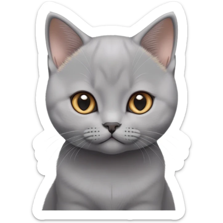 cinematic-cute-british shorthair-kitten cat-portrait-emoji,-head-tilted-playfully-and-inquisitively,-sleek-solid-grey-fur,-simplified-yet-adorable-features,-highly-detailed,-glowing-with-a-warm,-friendly-glow sticker