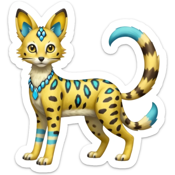 Colorful Yellow Meloetta-Sergal-Serval-Genet-Pokémon-Digimon-Fakémon-fusion-hybrid-creature with Cyan stripes and blue leopard-spot-markings  sticker