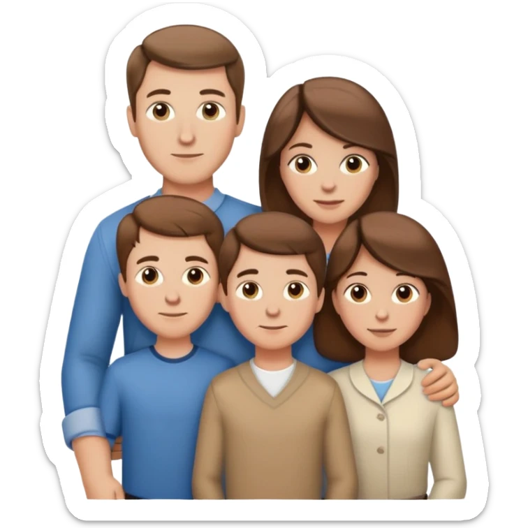 Family of 5 posed together, waist up, Caucasian, husband, wife, 3 boys, all with brown hair  sticker