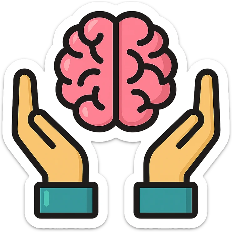 icon emoji of two hands on the sides and a brain in the center, clear outlines, strong shadows and highlights, psychology and psychosomatics theme sticker