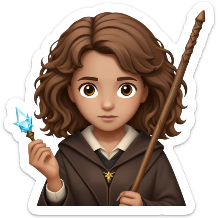 Hermione Granger from Harry Potter with bushy brown hair and wand sticker
