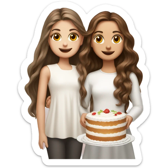 girl with long wavy hair and Russian girl with brown straight hair together holding big white cake sticker