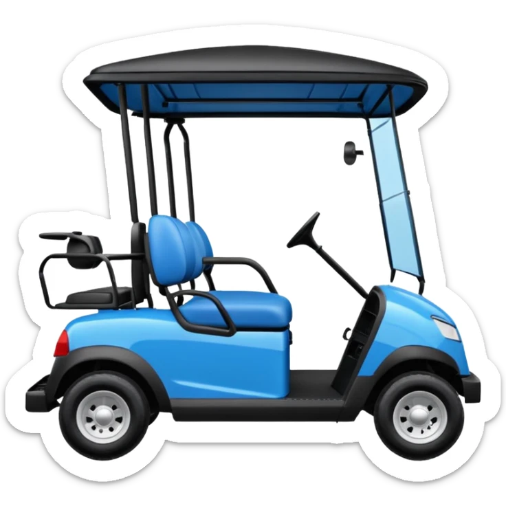 Electric blue golf cart with black seat and top sticker