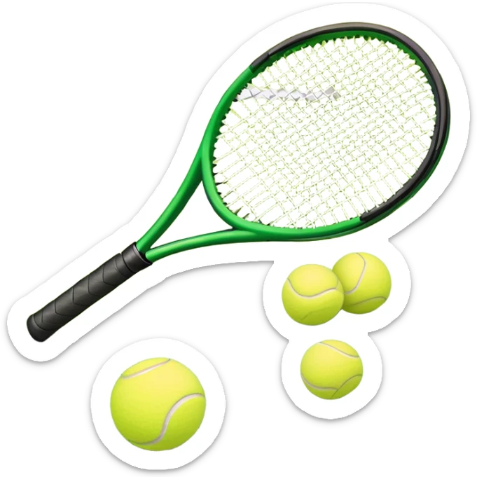 A tennis racket and ball placed on the grass court, with the lines of the court clearly visible in the background. The scene captures the essence of the sport, highlighting the equipment and the vibrant, open atmosphere of a tennis match sticker