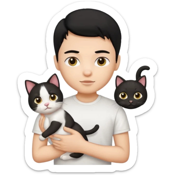 generate a pretty bratz emoji of a boy with black hair wearing a white tshirt and holding a cat in his right hand sticker