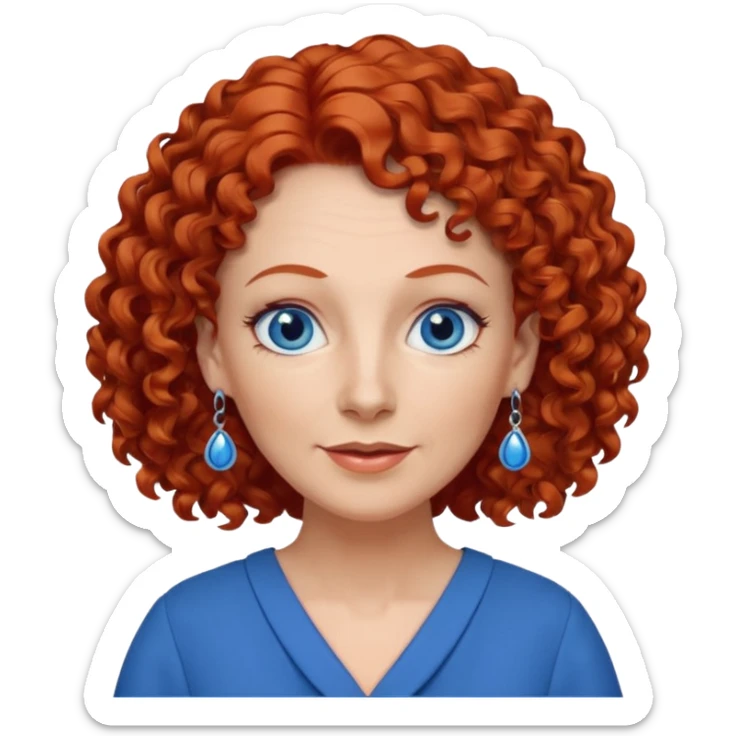 una profesora mayor simpática con el pelo rojo rizado, ojos azules, vestido azul y pendientes azules hablando sticker