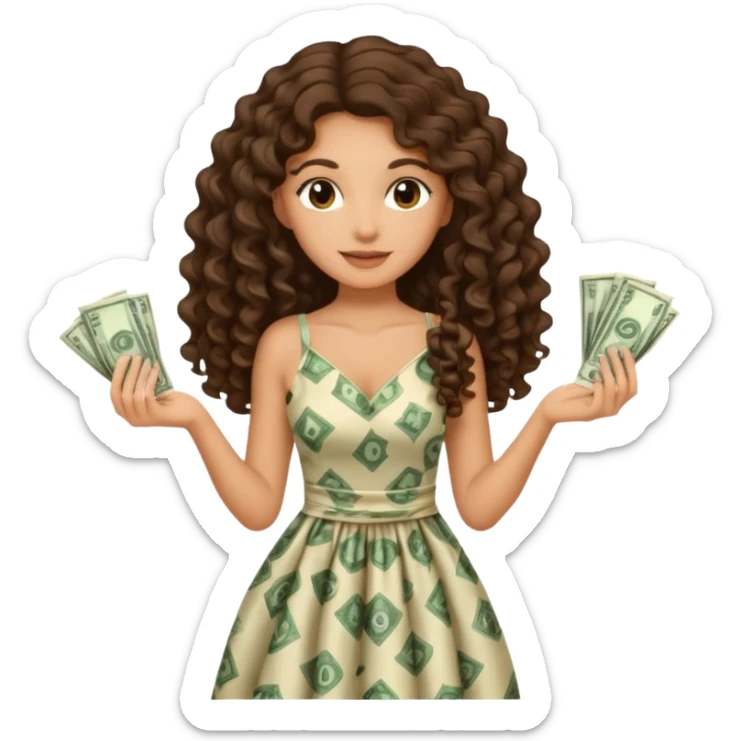 brunette with long curly hair, in a dress, with money in her hands sticker