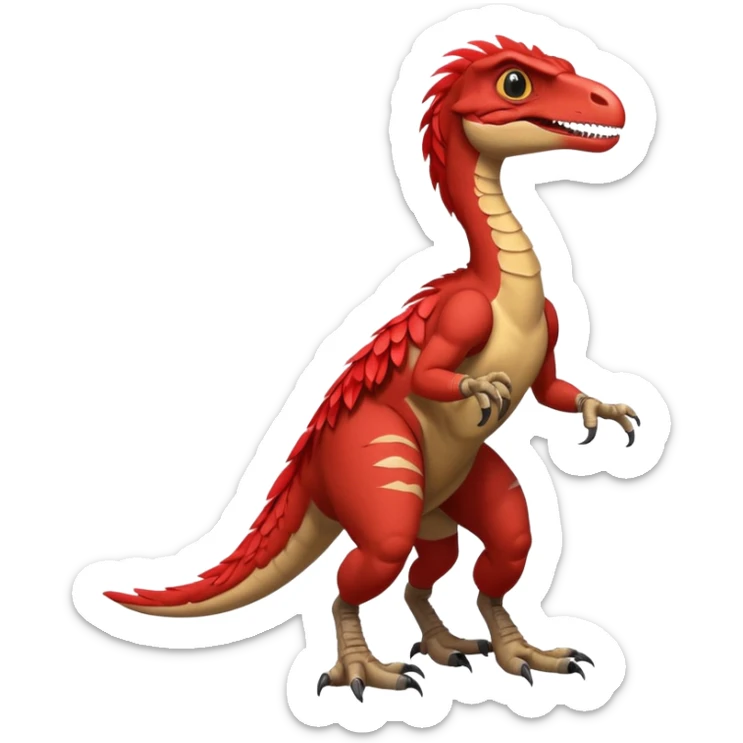 Red velociraptor with 2 arms 2 legs 1 tail and red feathers on the back of each arm sticker
