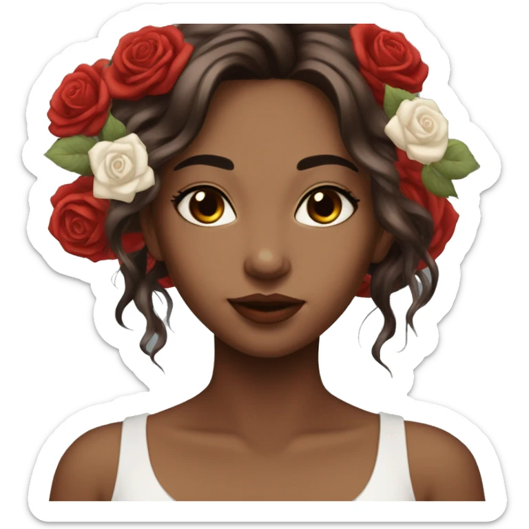 Beautiful, rose, red, flowers in hair, long dark brown hair, white fair skin sticker