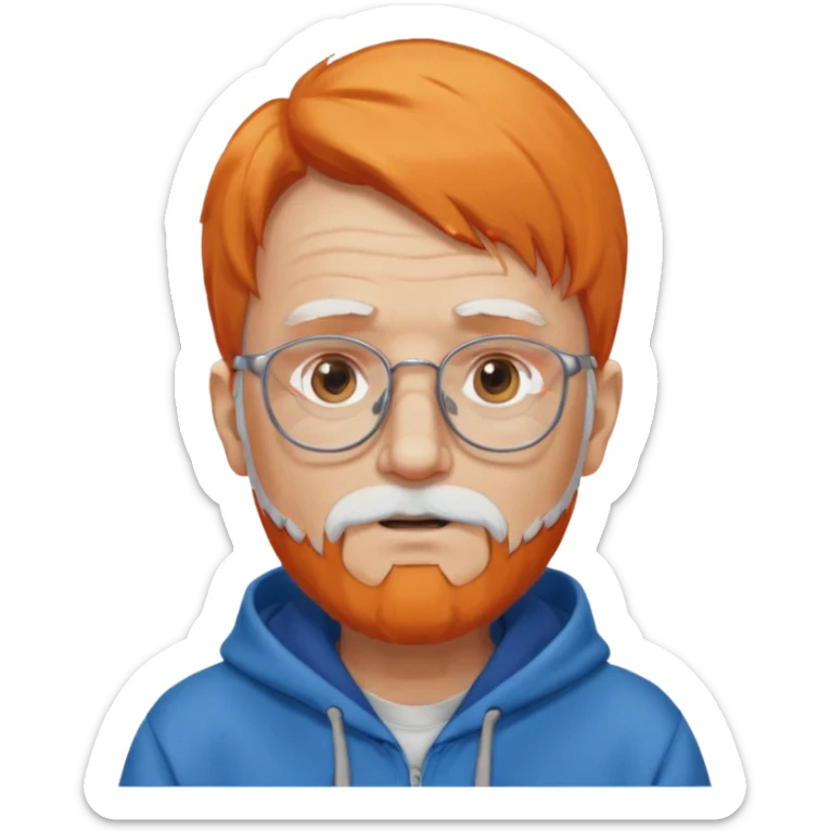 old man, orange hair, white beard, wearing glasses, long face, wearing a blue hoodie sticker