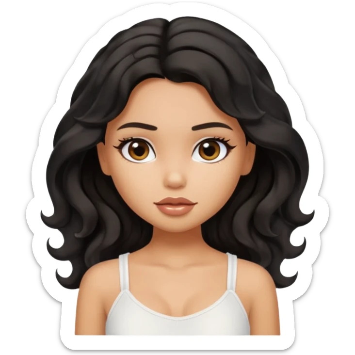 a pretty bratz tan girl with wavy black hair wearing a white cami top. Skintone is tan sticker