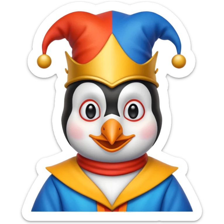 crazy colorful cute penguin jolly joker, medieval, vintage, court jester, mac os icon, blue color sticker