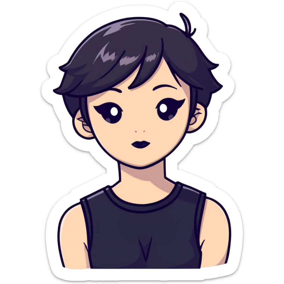 gothic femboy with wide shoulders, small chest, dark makeup, black clothing sticker