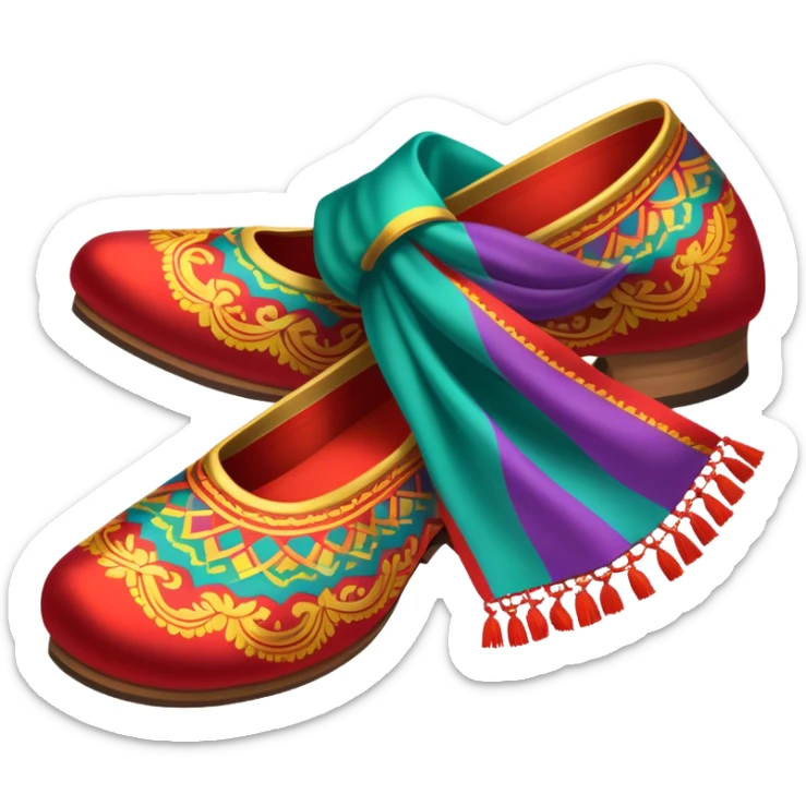 Humanless Icon for Folk Dance: traditional folk dance shoes, a colorful scarf, and a vibrant dance floor. The icon should capture the energy and cultural richness of folk dancing, with emphasis on movement, rhythm, and traditional attire. Transparent background. sticker