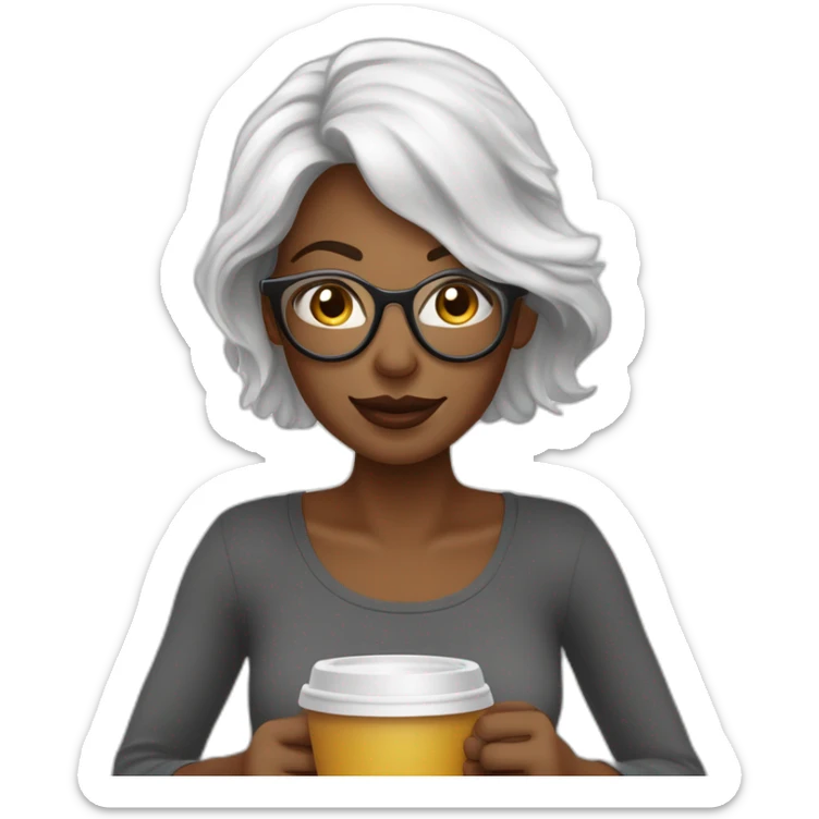 Mujer de piel blanca, melena negra,con lentes semi al aire de color calipso. Con un lunar sobre el labio superior en la parte izquierda de la cara. Tomando un café y saludando sticker