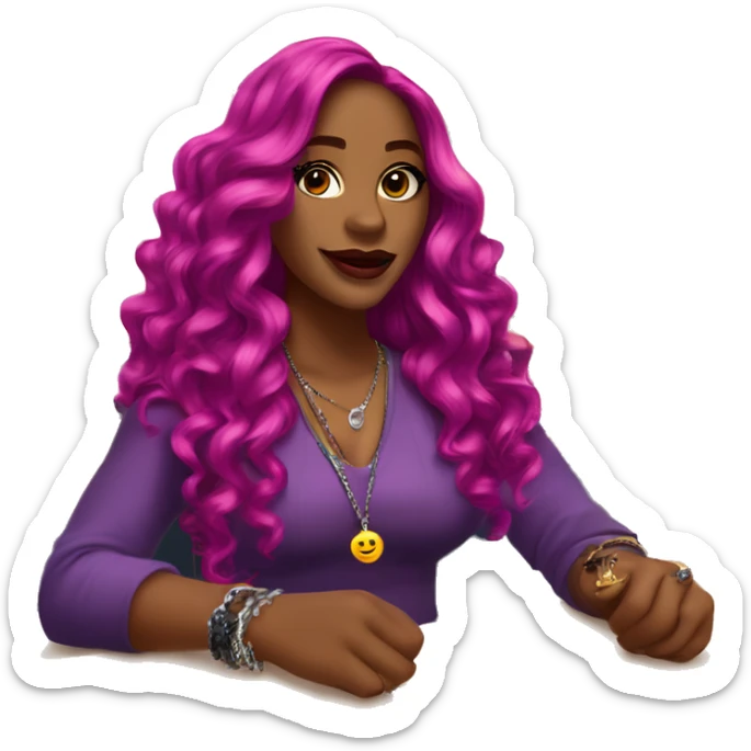 🧍🏾‍♀️💁🏾‍♀️✨ Long wavy magenta hair, glossy lips, stylish with jewelry and lanyard, posing confidently with a hand gesture, in a classroom setting.” sticker