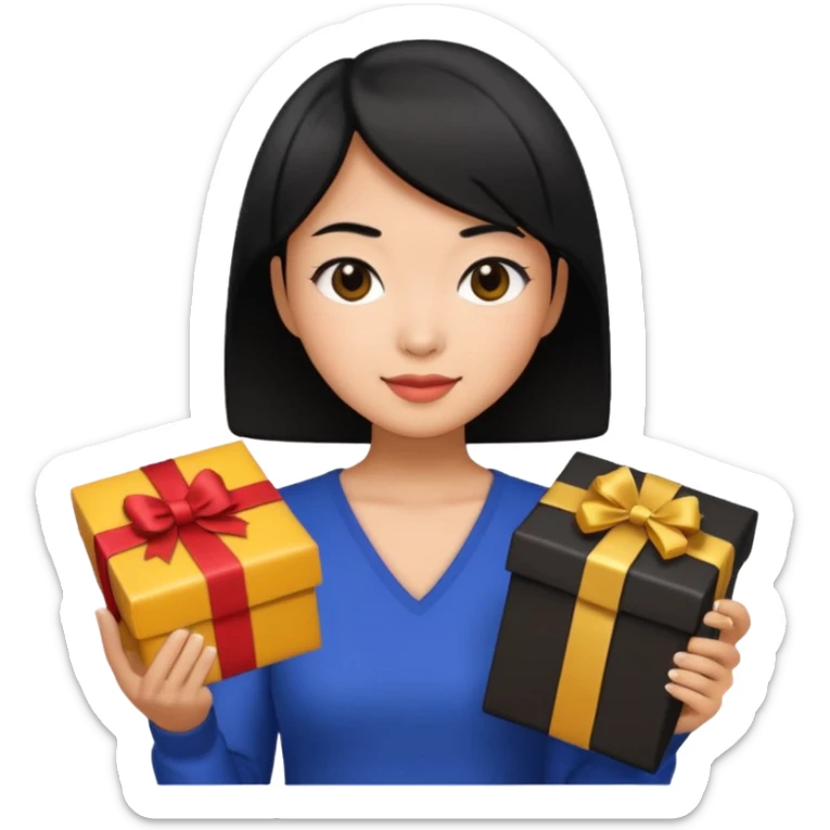 asian woman short hair tanned, holding with black present - emoji style sticker