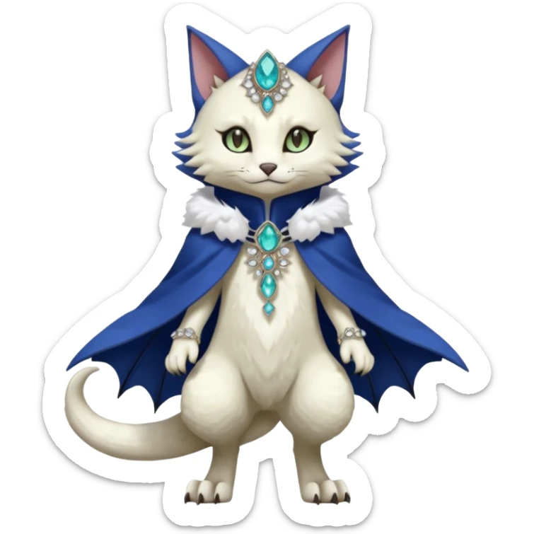 Kawaii cute beautiful pretty elegant divine edgy feline-vernid-sergal-Fakémon-Pokémon-Digimon-fursona-animal-creature, full body, with intricate detailed markings, Embroidered capelet, Gem-studded horn ring sticker