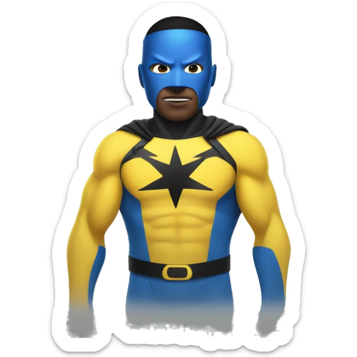 Superhero wearing a yellow and blue suit with black accents. He should have a distinctive yellow visor-style mask covering his eyes, shot black hair. heroic expression. sticker