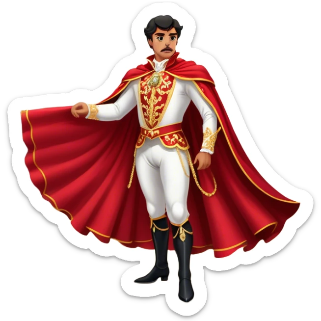 Spanish Matador – Cinematic Realistic Spanish Matador, portrayed in an ornate traje de luces with a flowing red cape, standing poised in a classic bullring with swirling dust and dramatic light, his intense expression and elegant stance capturing both bravery and artistry. sticker