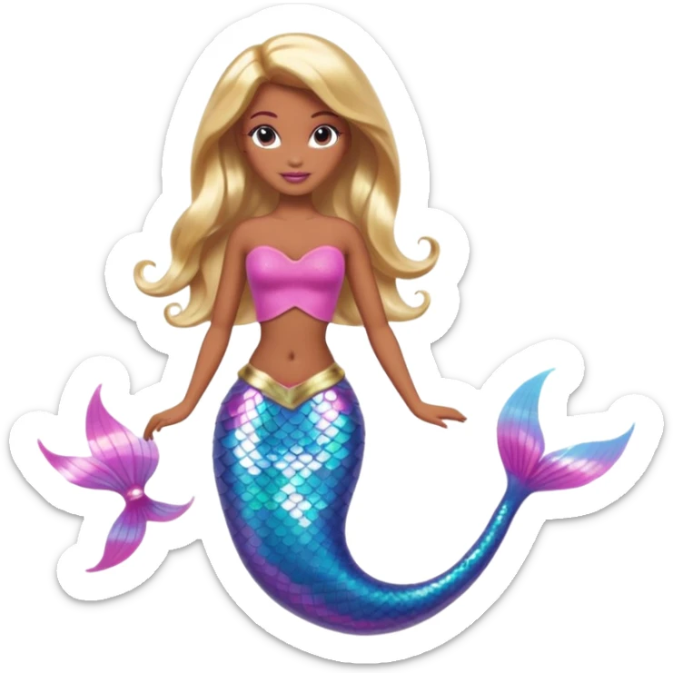Brown skin blonde hair barbie mermaid with holographic tail and pink  in hair sticker