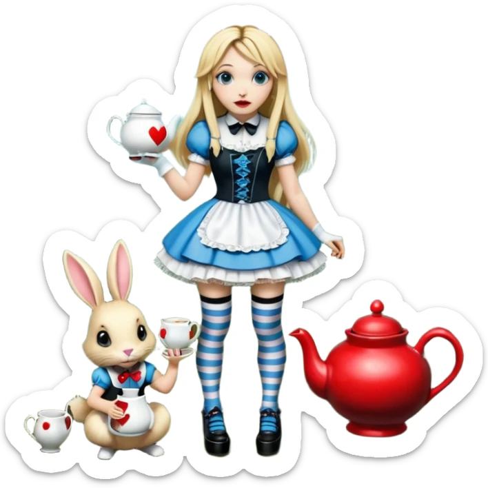  3d rendering,  ultra detailed, Alice in wonderland modern style in a punk gothic style outfit, stripped knee high socks, gothic platform heels, long blonde hair, eyeliner, red lipstick, falling through rabbit hole,  holding a tea pot, transparent background
 sticker