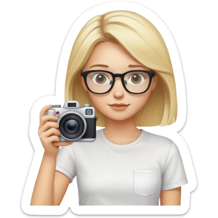 blonde girl, shoulder-length hair, glasses, white t-shirt, holding a camera sticker
