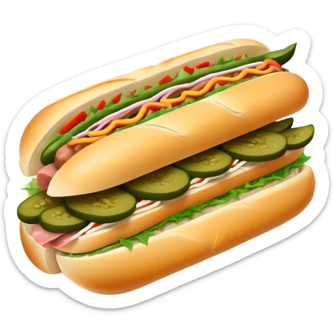 Cinematic Realistic B√°nh m√¨ Sandwich Dish Emoji, showcasing a crusty baguette filled with savory meats, pickles, and fresh herbs rendered with dynamic detail and appetizing lighting. sticker