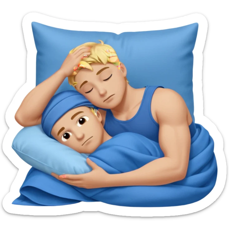A young muscular male with short dark-blonde hair, medium-light skin, and a neutral expression, dressed in blue cloth. He lies on his side, arms around a soft white pillow, with his head on a smooth blue pillow. A flowing blue blanket covers him in silky folds. sticker