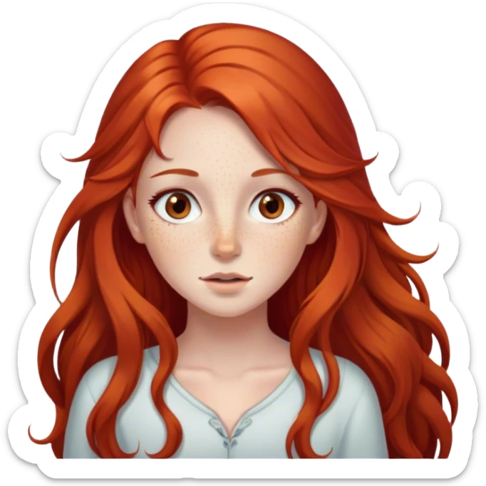 a girl with long red hair, brown eyes and freckles. sticker