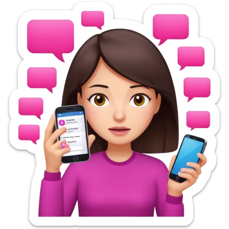 Social media manager. She has dark brown hair, brown eyes, overwhelmed expression, slightly stressed face,a holding a smartphone with notifications piling up. Use vibrant colors with a focus on pink and fuchsia tone sticker