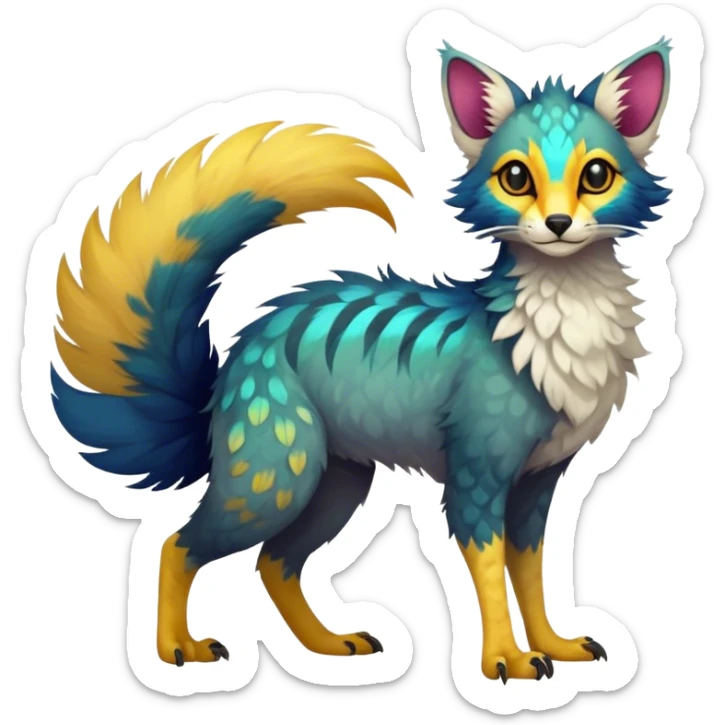 Feral Rare Fantasy vibrant colorful Vernid-Trico-species by LiLaiRa, random markings, tufted tail, tufted ears, full body sticker