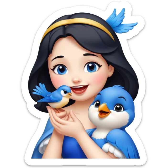 Cinematic Adorable Snow White Portrait Emoji, Giggling as a bluebird perches on her finger, cheeks rosy with joy, bright expressive eyes full of wonder, her innocence and beauty blending into a heartwarming moment! sticker