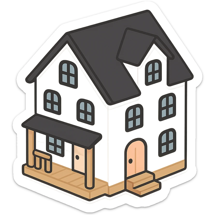 modern farmhouse dollhouse, white with black trim and wooden accents, 3d isometric  sticker