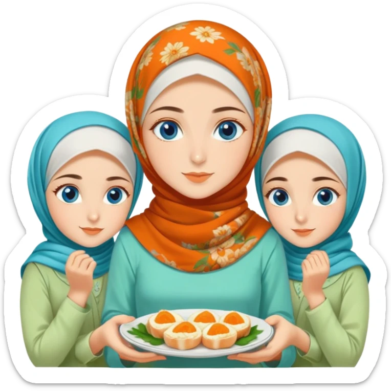 Three sister Turkish girls beautiful finish Konya blue eyes with orange floral hijab and light green dress and make turkish Breakfast sticker