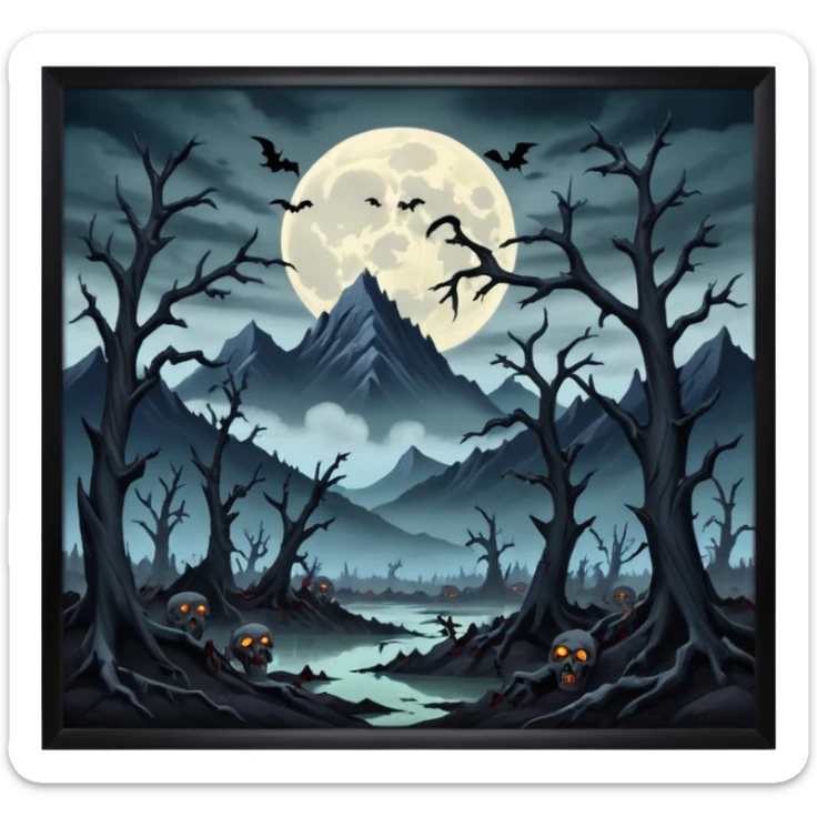 A dark creep Alaskan land scape with rotting trees and zombies rising from the ground infront of evil looking mountains with a cloudy evil moon. sticker