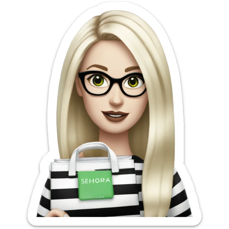 Platinum blonde medium length straight hair woman pale skin green eyes glasses holding a black and white striped Sephora bag sticker