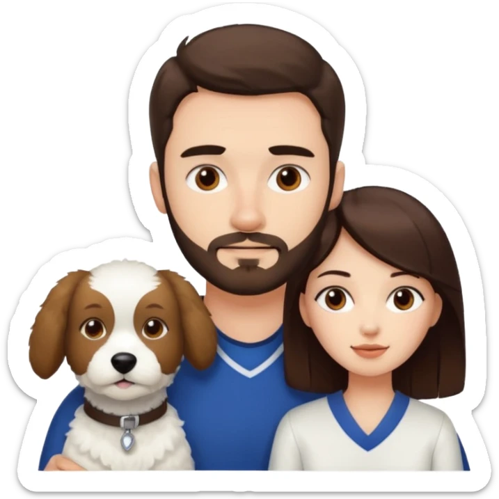 scottish man with stubble, brunette woman and one white fluffy dog sticker