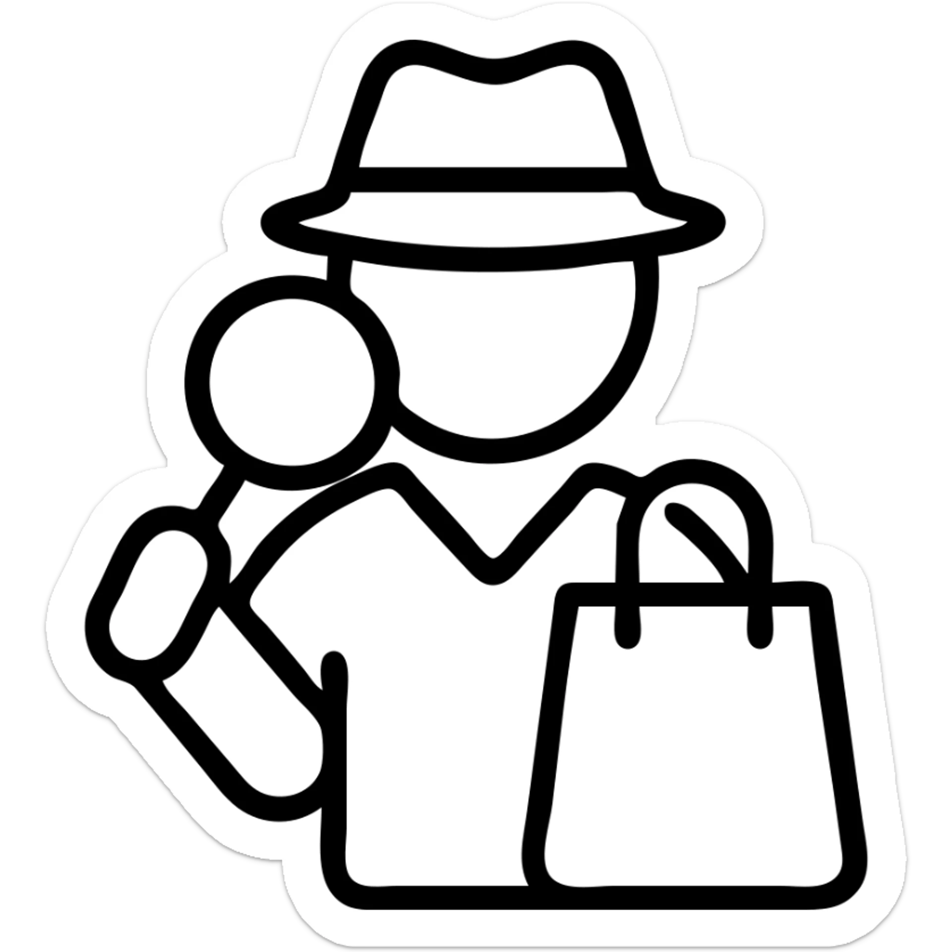 outlined icon of a mystery shopper with a magnifying glass and shopping bag sticker