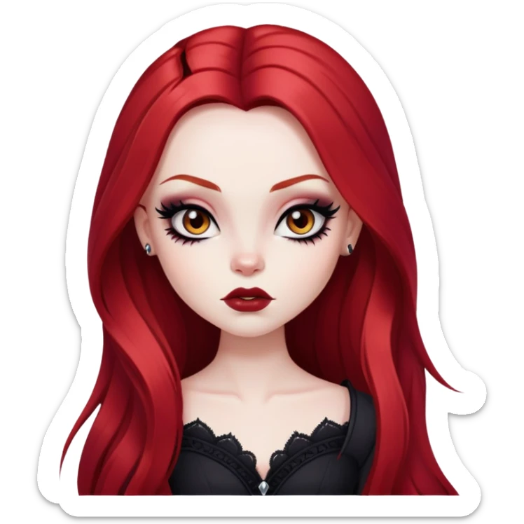 goth red long hair, pale skin,  brown iris, pretty bratz baddie, strong black eyeliner sticker