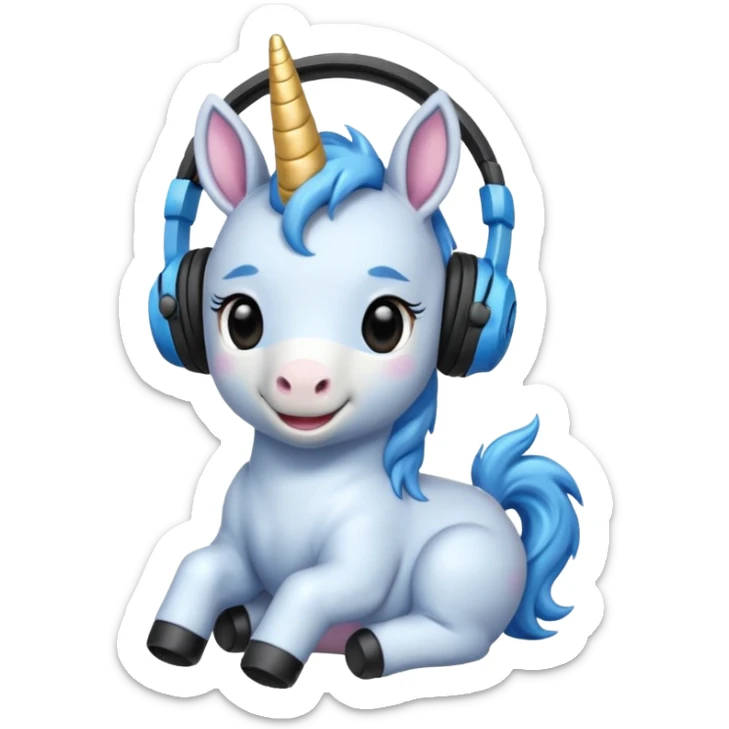 Unicornio bebé azul sentado escuchando música con auriculares negros sticker