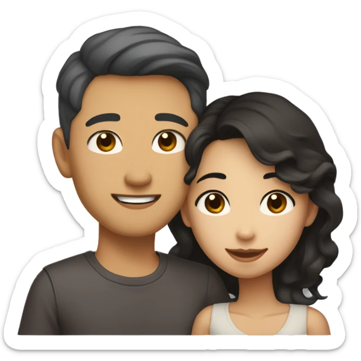 A half pale Asian man with short dark hair and amber eyes embracing and loving a half Asian woman with long wavy dark hair and dark hazel eyes. They love each other a lot And have good fashion taste. sticker