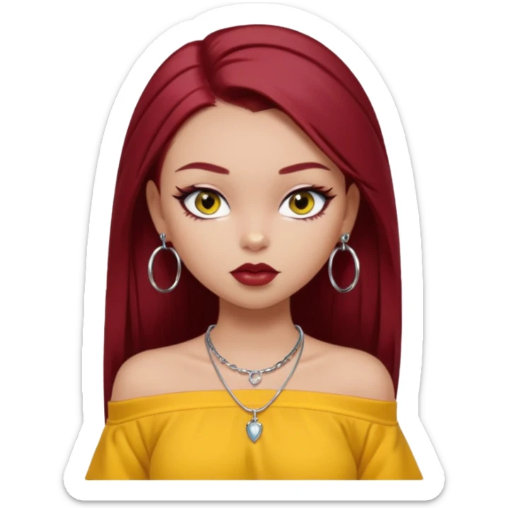 generate a pretty bratz girl in , dark brown eyes. Dark red hair straight long. wearing a yellow oversized tee falling off her shoulder, dainty silver necklace, silver hoops, septum piercings. big eyeliner sticker