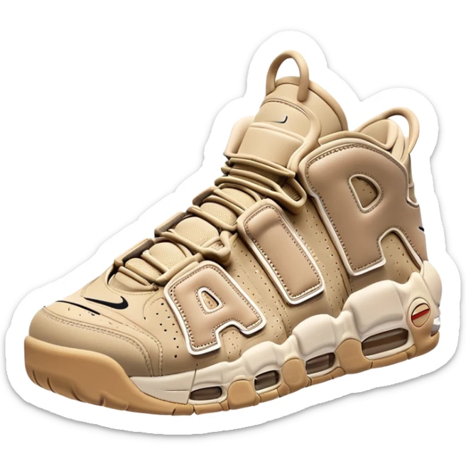 Beige colored Nike Air More Uptempo basketball sneakers with one sneaker positioned behind the other, featuring large AIR text on the sides sticker