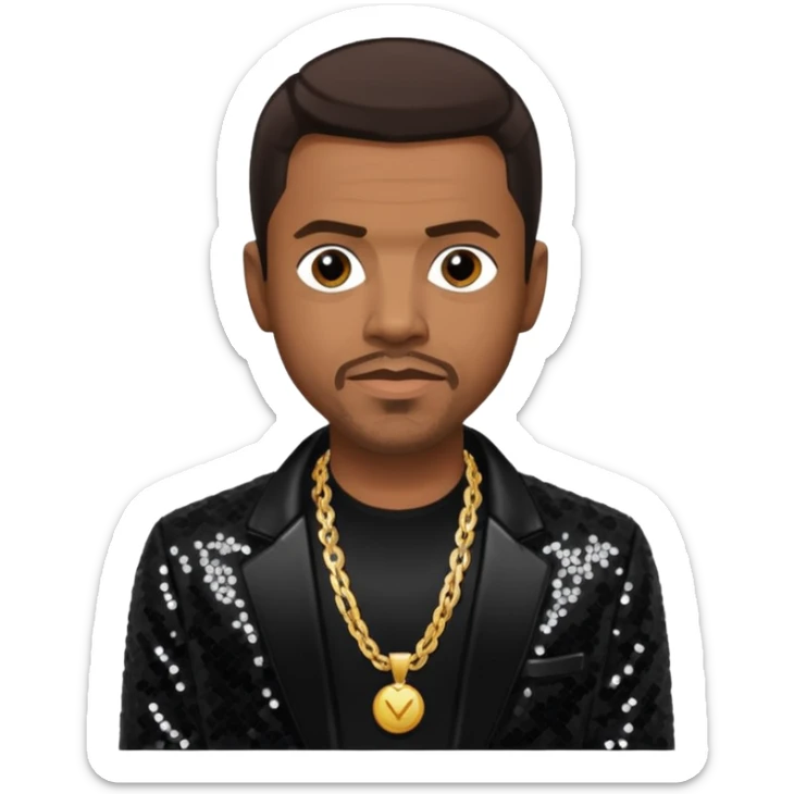 Keith Sweat (b.1961) with dark brown hair, black sequin jacket, black shirt with necklace sticker